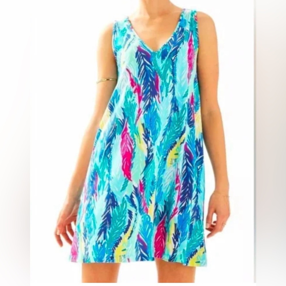 Lilly Pulitzer V-Neck Feather Print Shift Dress - Turquoise, Pink, Navy